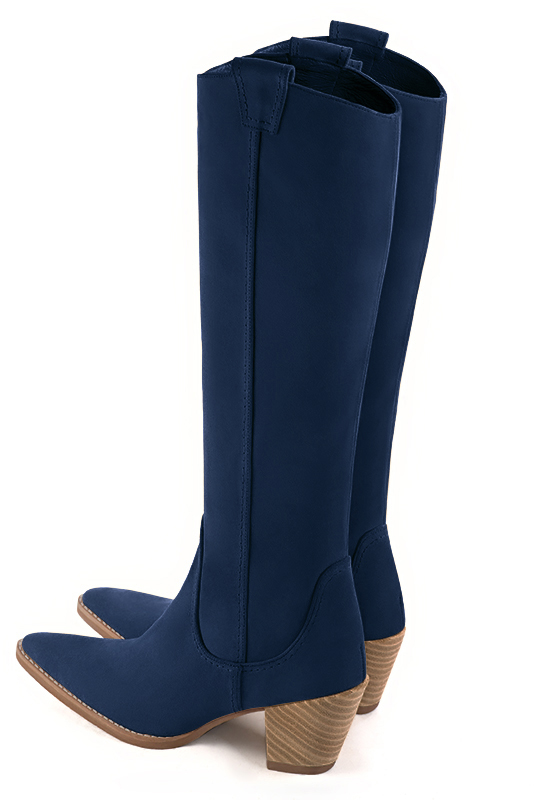 Navy blue women's cowboy boots. Tapered toe. Medium cone heels. Made to measure. Rear view - Florence KOOIJMAN